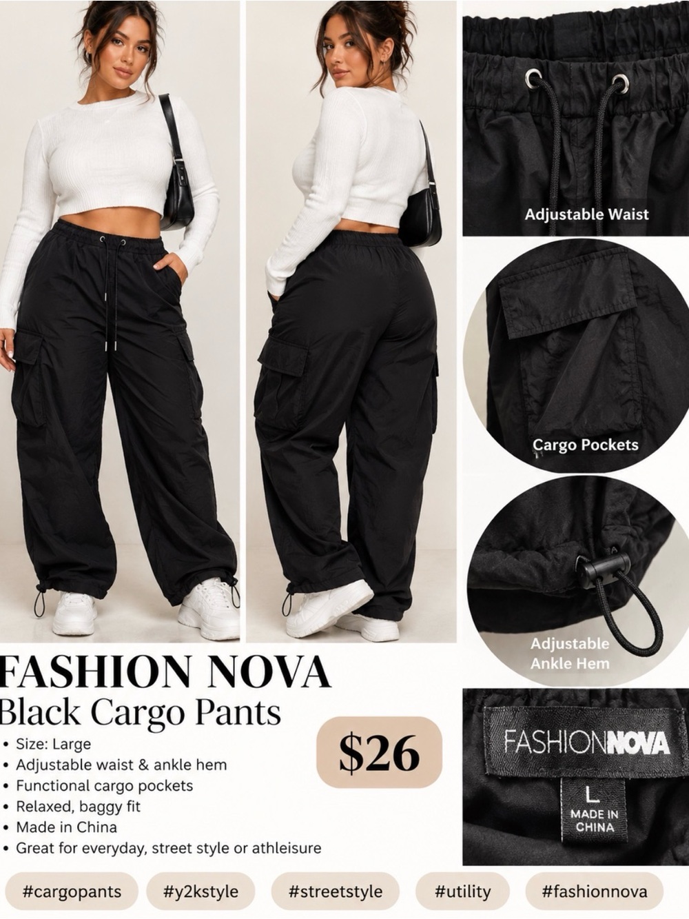 Fashion Nova Black Cargo Pants - Relaxed Baggy Fit